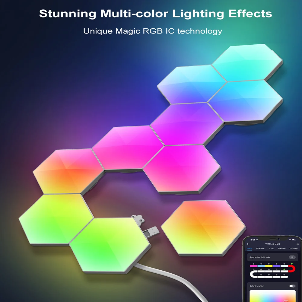 Шестигранная осветительная настенная панель светодиодный RGB, изменяющая цвет, окружающая ночь, приложение для дистанционного управления музыкальным ритмом, для игровой комнаты, спальни
Шестигранная осветительная настенная панель светодиодный RGB, изменяющая цвет, окружающая ночь, приложение для дистанционного управления музыкальным ритмом, для игровой комнаты, спальни
