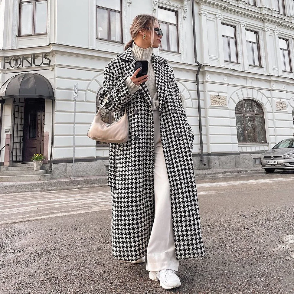 

Elegant Women Double Breasted Houndstooth Print Long Trench Coat Streetwear Fashion 2023 Autumn Winter Plaid Overcoat Outerwear