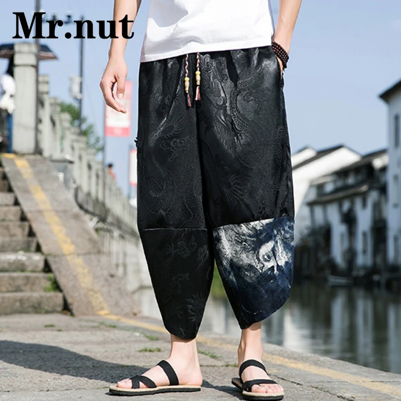 

Уличная одежда Mr.nut с рисунком дракона, мужские шаровары, свободные брюки-Капри с вышивкой, мешковатые шелковые спортивные брюки, мужская одежда в китайском стиле