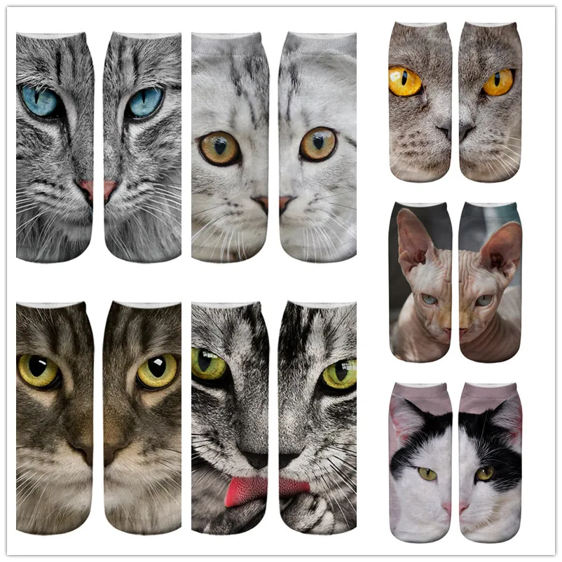 

New 3D Print Funny Cute Cartoon Kitten Unisex Short Socks Creative Colorful Multiple Cat Face Happy Low Ankle Socks for Women