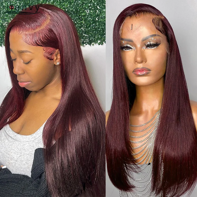 

13X6 Straight Hd Lace Front Wig Human Hair Wigs 99J Burgundy Pre-Plucked Peruvian Cherry Red 13X4 Colored Lace Frontal Wigs Remy