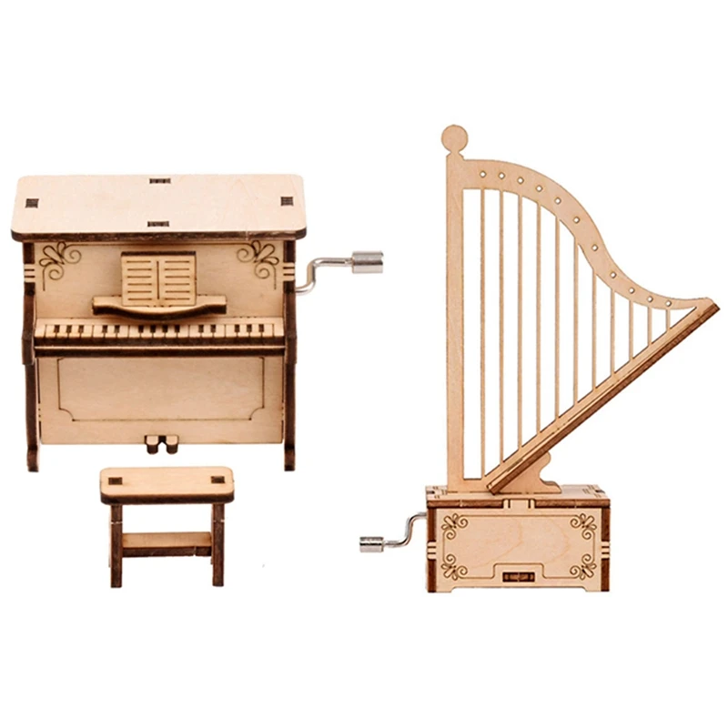 

DIY Grand Piano Toys 3D Wooden Puzzle Toy Assembly Model & Handmade Harp Shape Music Box Wooden Hand Crank Music Box