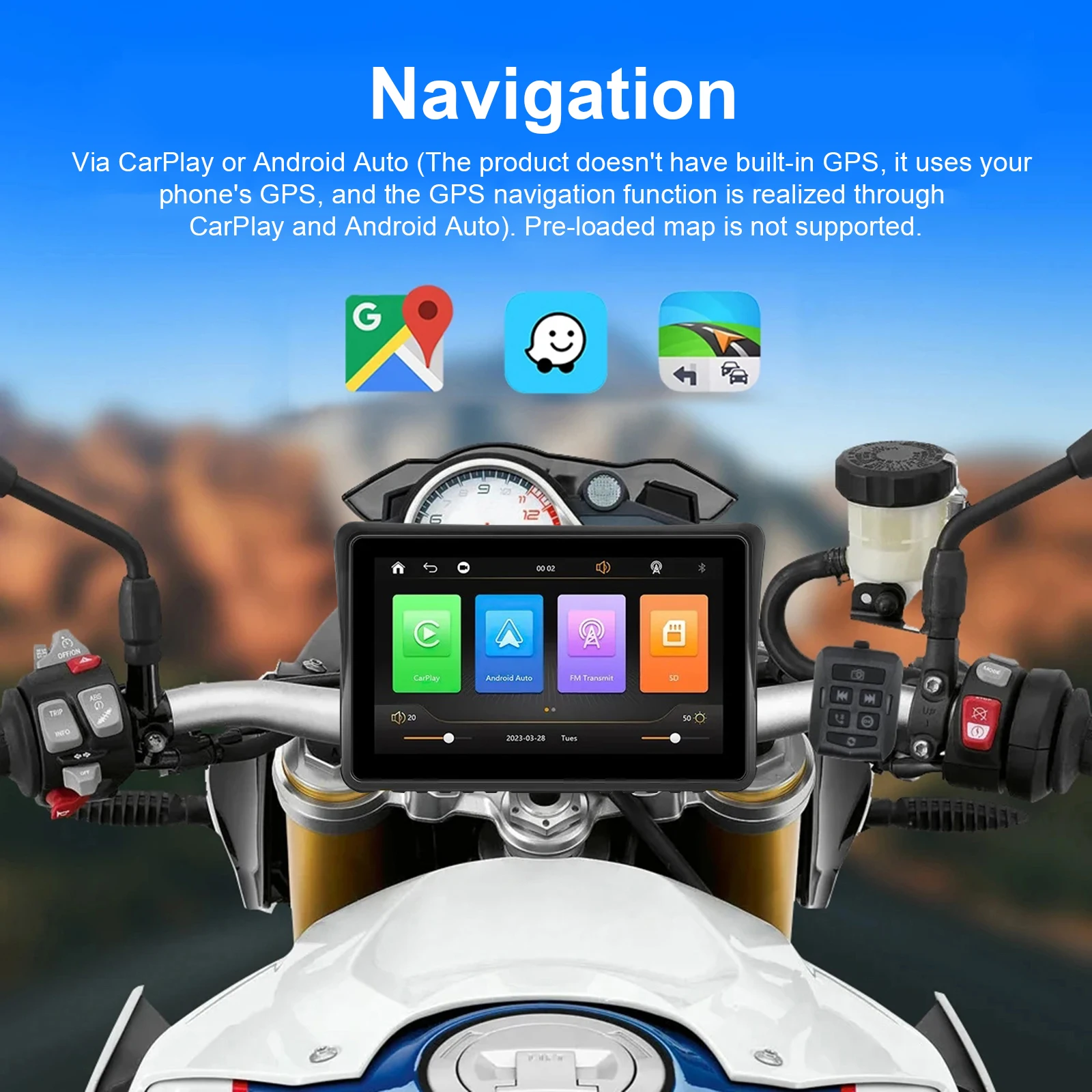 

Portable Motorcycle GPS/Navigation 7 Inch Outdoor 800nit Screen IPX7 Waterproof Motorcycle CarPlay Android Auto Dual Bluetooth