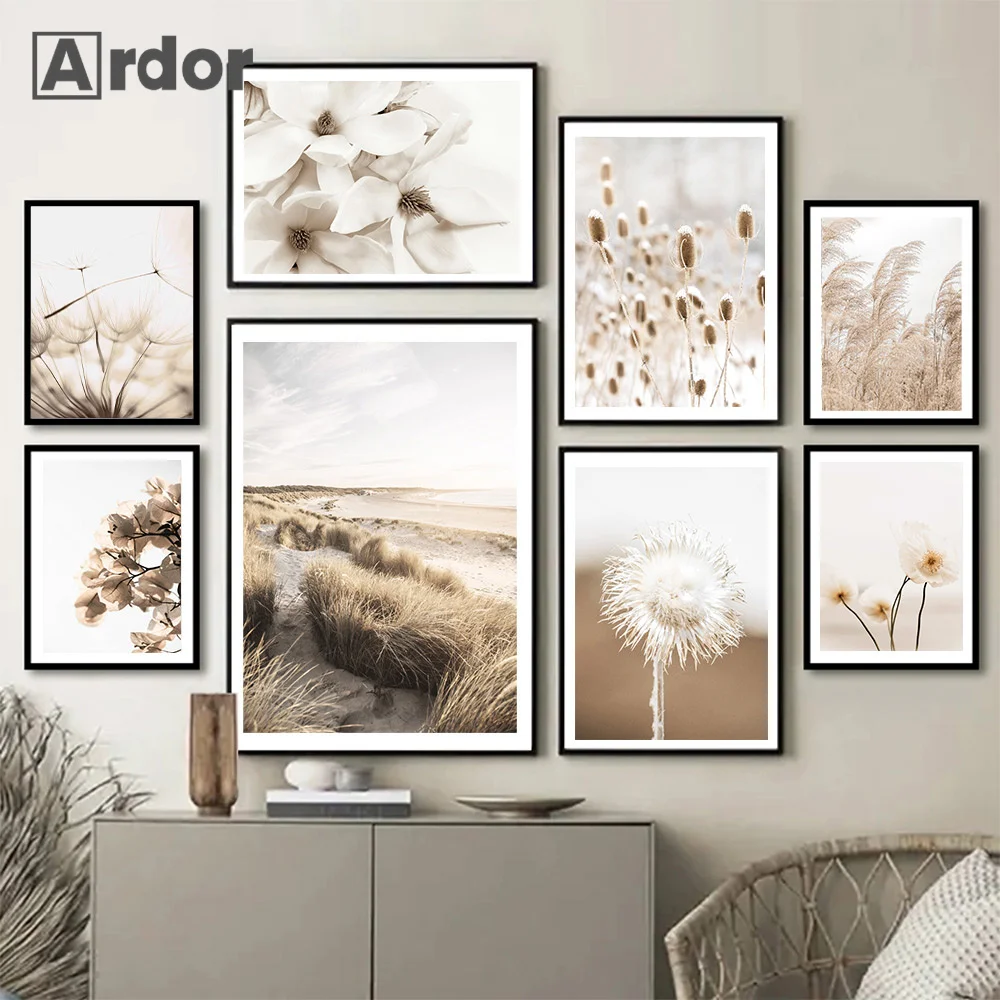 

Beige Reed Dandelion Poster Grass Natural Wall Art Canvas Painting Shell Flower Nordic Print Wall Art Pictures Living Room Decor