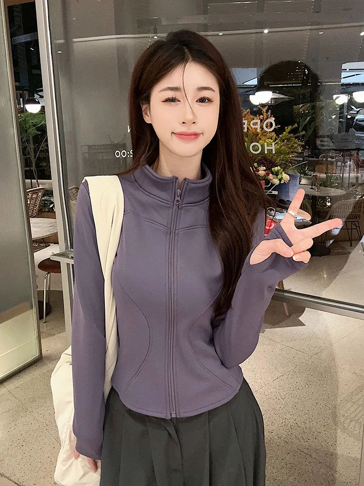 

Sporty Slim Elastic Fleece Jacket Coat Women Winter Stand Collar Zip Up Casual Long Sleeve Outerwears