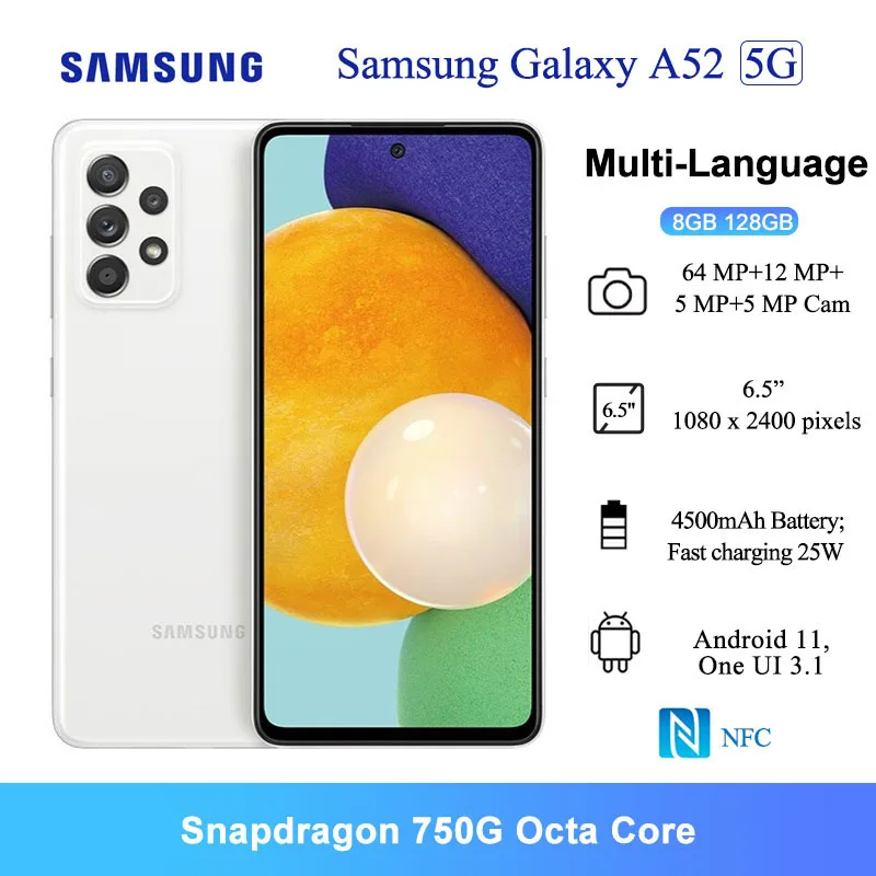 

Samsung Galaxy A52 5G Smartphones NFC Android 6.5'' FHD+ Snapdragon 750G Octa Core 64MP AI Quad Cams 4500mAh Mobile Phones