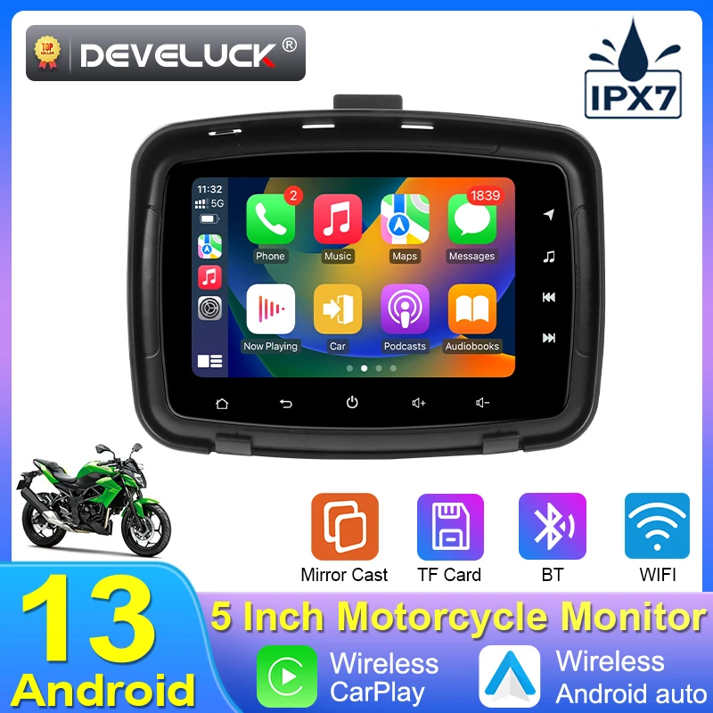 

5-дюймовый Android 13 GPS-навигатор для мотоцикла IPX7 водонепроницаемый беспроводной Apple Carplay Android автоматический дисплей экран портативный монитор