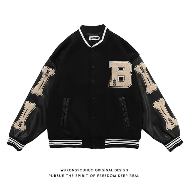 

New European and American Fashion Hip Hop Flocking Printed Baseball Jacket Men's Street Loose PU Leather Splicing Jacket