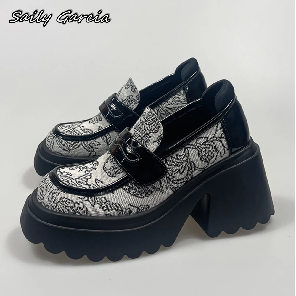 

Mixed Color Embroidery Thick Sole Leather Loafers Genuine Leather All-Match Casual Shoes Round Toe Platform Mid Heel Women Pumps