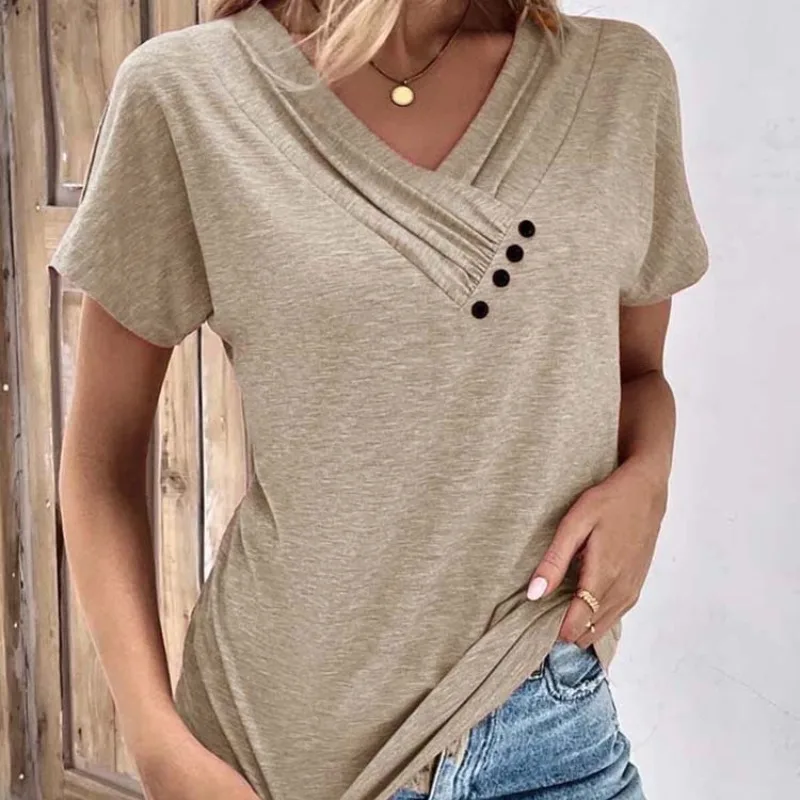 

Summer Women's V-Neck Pullover Solid Button Shirring Folds Asymmetrical Short Sleeve T-shirt Fashion Casual Elegant Loose Tops