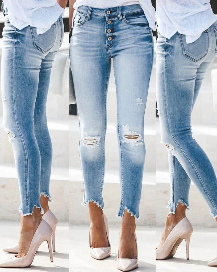 

Women's Fashion Trousers 2024 Spring/summer Latest Style Commuter Button Pocket Design Ripped Split Cut Skinny Denim Pants Jeans