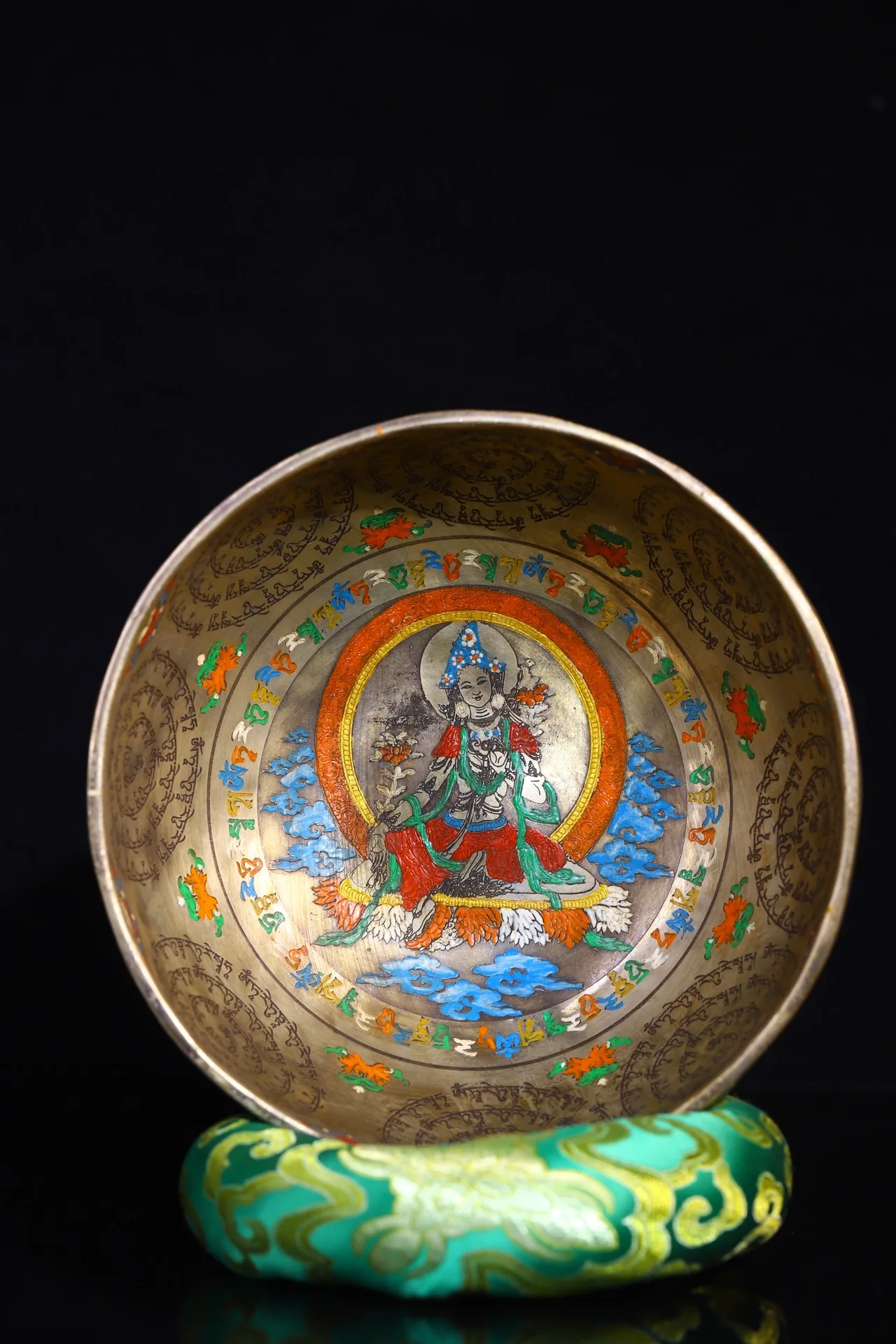 

7"Tibetan Temple Collection old Bronze Gilt Painted Green Tara Buddha Sound Bowl prayer bowl Sanskrit Vajra Town house Exorcism