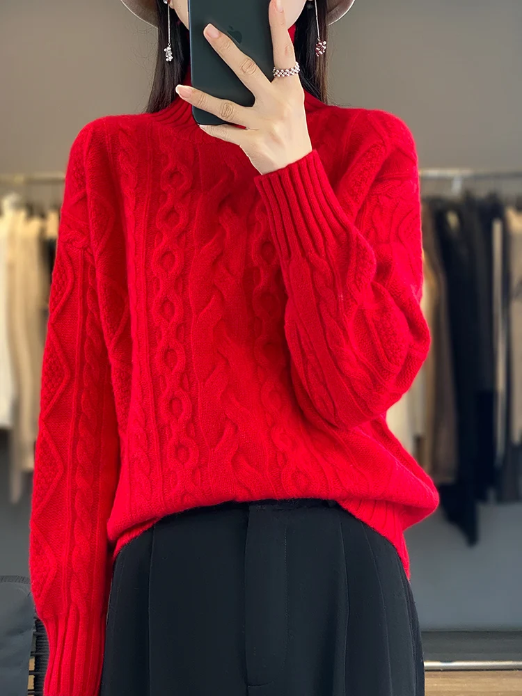 

High Quality Women's Twist Pullover Sweater 100% Merino Wool Turtleneck Autumn Winter Thick Soft Warm Knitwear Female Clothing