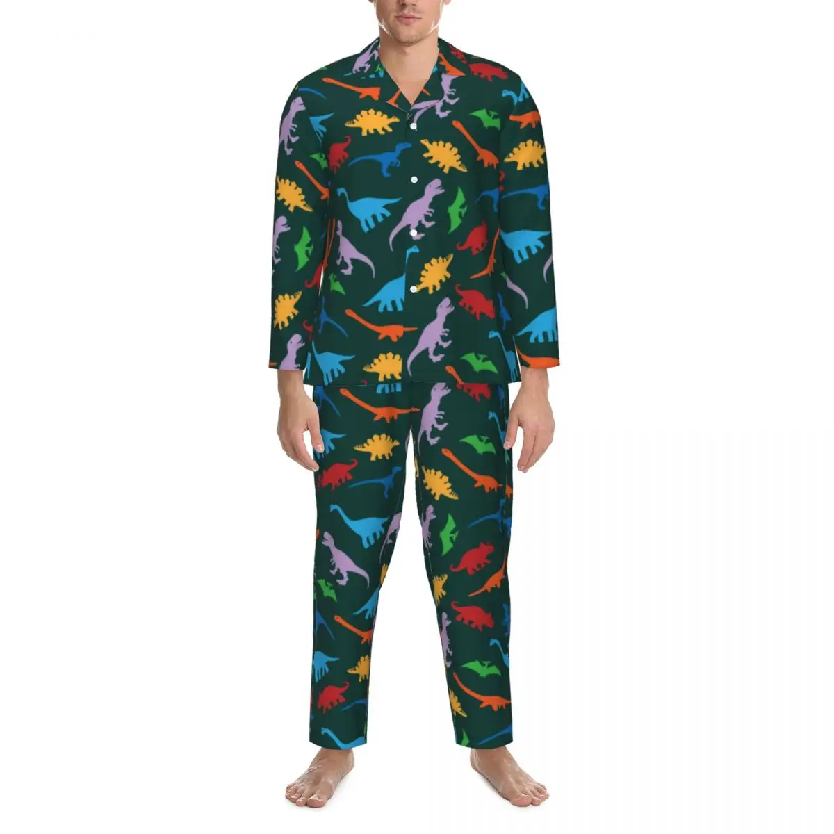 

Pajamas Men Animal Silhouette Bedroom Sleepwear Colorful Dinosaur Print 2 Piece Aesthetic Pajama Sets Lovely Oversized Home Suit