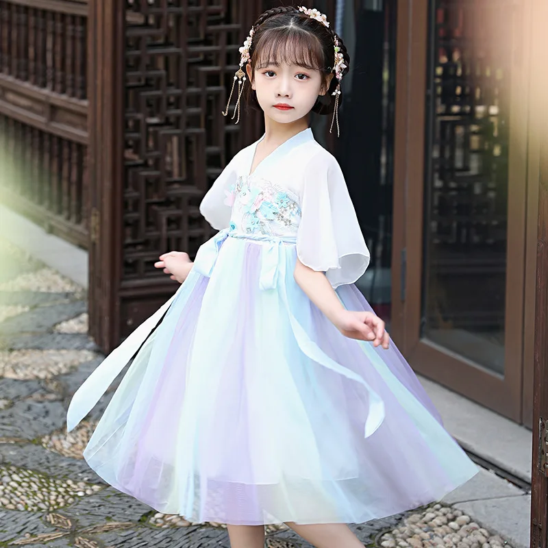 

Летняя Новинка Hanfu для девочек супер Сказочный пиджак и платье в китайском стиле Старинное платье для маленькой девочки детский костюм Тан с коротким рукавом