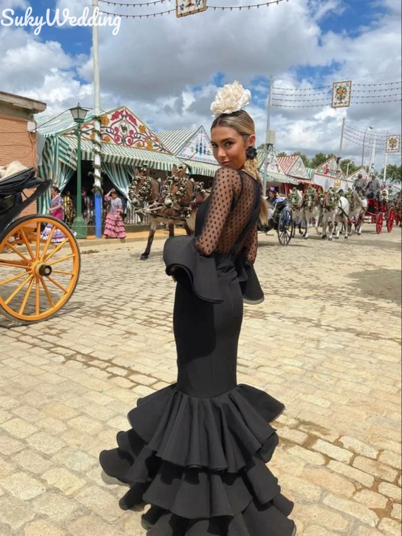 

Black Retro Palace Mermaid Prom Dresses Long Sleeves Polka Dots Illusion Mesh Ruffles Flamenco Dress for Women Party Gowns