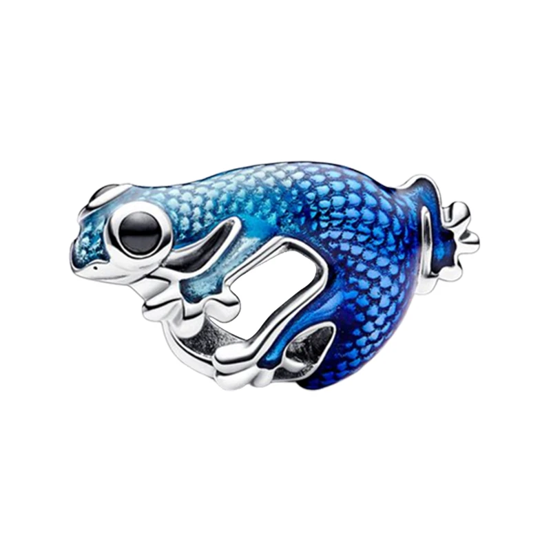 

Black Crystals Eyes Metallic Turquoise Blue Gecko Charm Beads For Women 925 Sterling Silver Original Jewelry Making DIY Bracelet