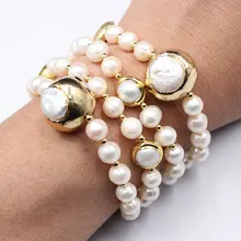 

4 Strands Natural Freshwater Cultured White Pearl Gold Color Plated Keshi Pearl Bracelet 8" Handmade For Lady