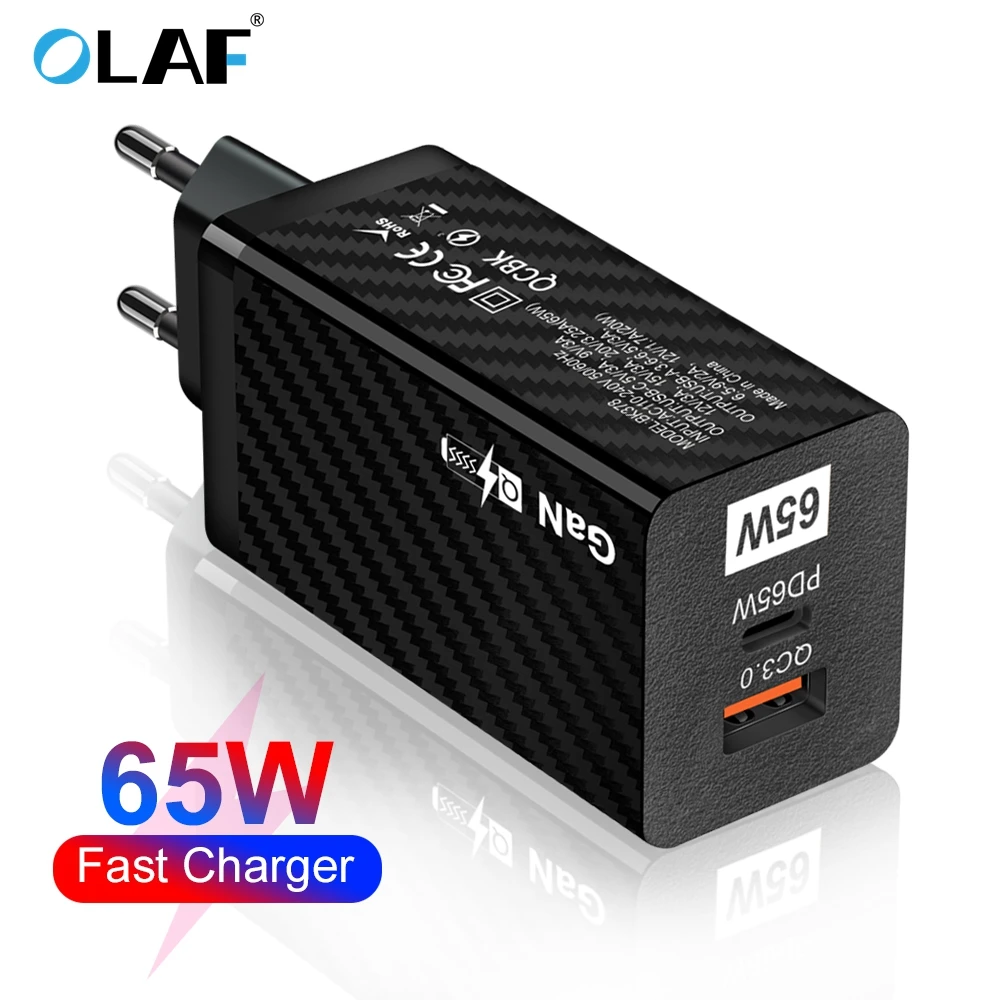 

Olaf GaN Charger 65W Quick Charge QC 4.0 3.0 Fast Charging For Laptop iPhone 12 Samsung Gallium Nitride Type C PD USB Chargers