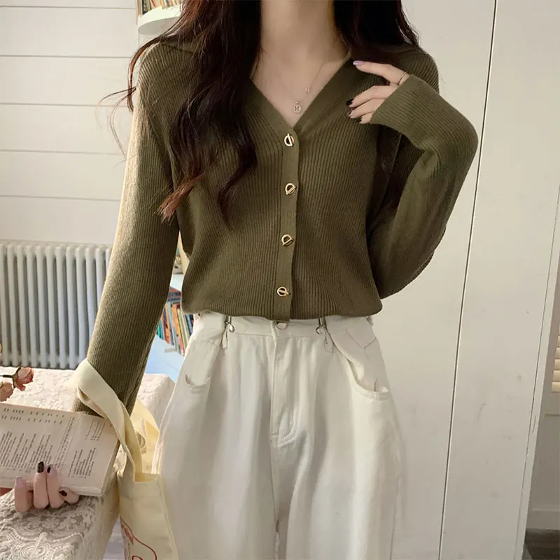 

Korean Style Women's Autumn Cardigan Solid Color Knitted Jacket Long Sleeved Turn-down Collar Button Fly V-Neck Female Cardigans