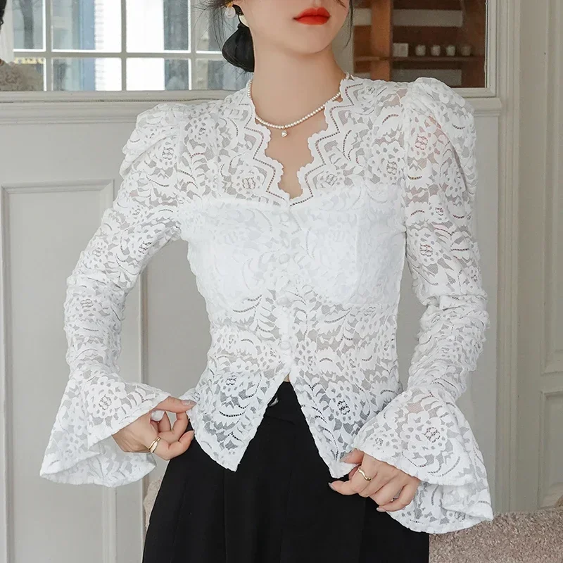 

Elegant V-neck White Lace Blouse Women Vintage Flare Sleeve Elegant Short Tops Women Crochet Lace Sweet See Through Blouse 29561