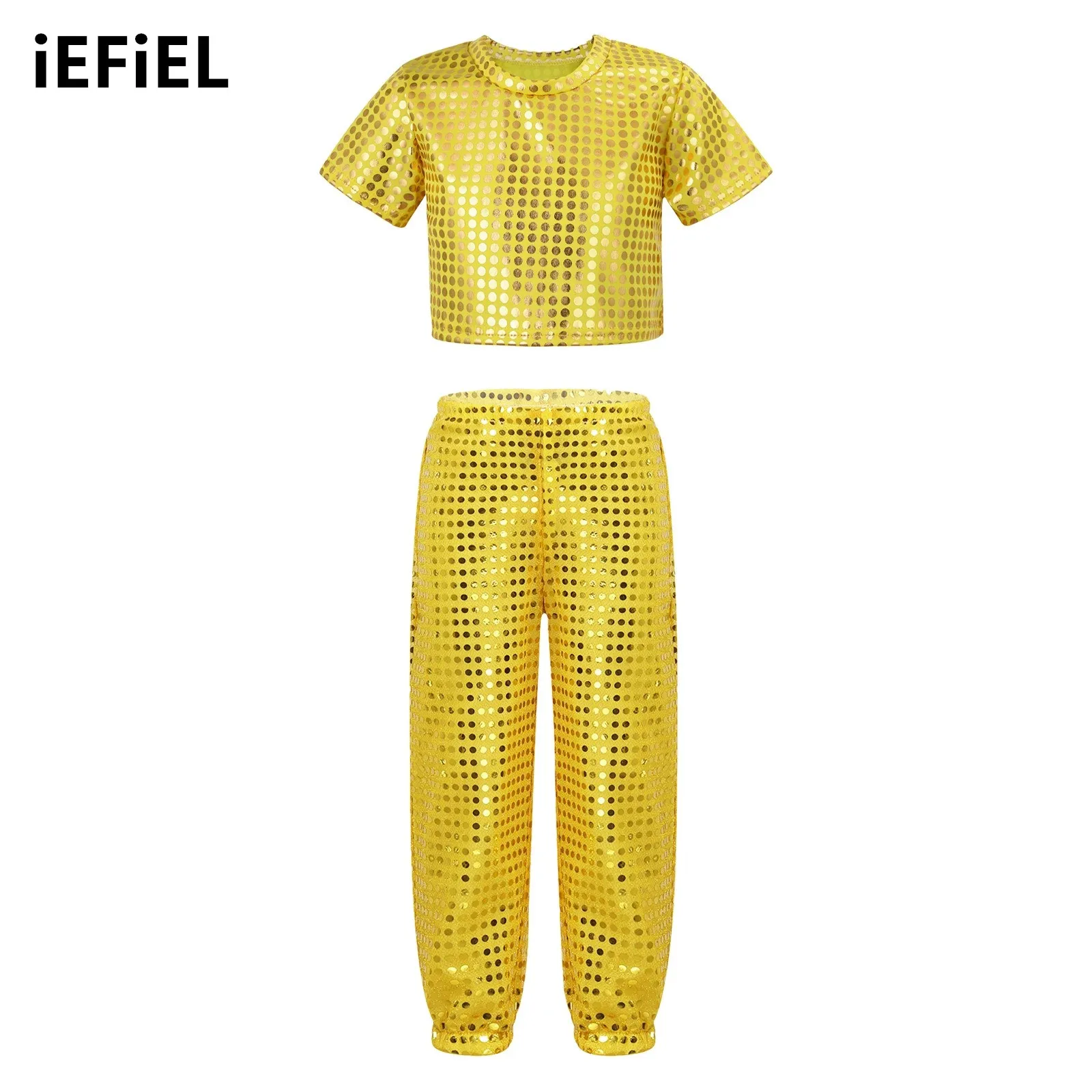 Unisex Kids Boys Girls Jazz Dance Set Shiny Sequins Short Sleeve Neckline Crop Top with Elastic Waistband Pants for Performance
Unisex Kids Boys Girls Jazz Dance Set Shiny Sequins Short Sleeve Neckline Crop Top with Elastic Waistband Pants for Performance
