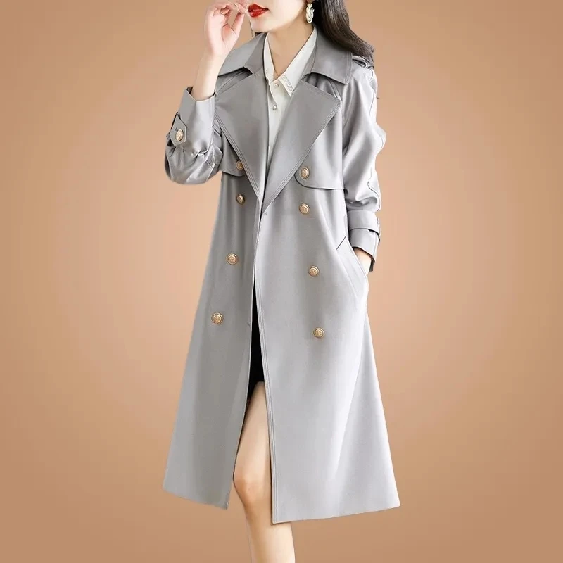 

Trench Coat For Women Double Breasted Belt Slim Fit Long 2024 New Spring Coat Korean Belt Windbreaker Grey Khaki Outwear Female