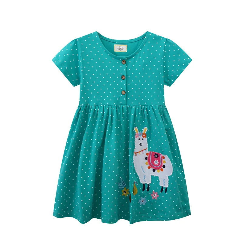 

Jumping Meters 2-7T Alpaca Applique Buttons Girls Dresses Short Sleeve Dots Party Children's Clothes Toddler Frocks Costume