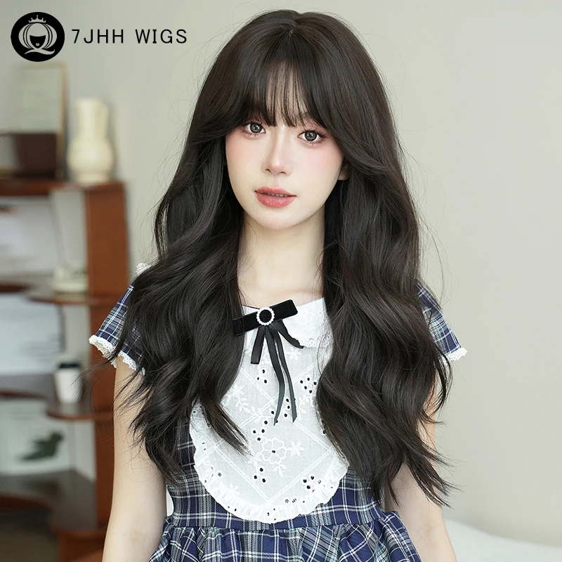 

7JHH WIGS Layered Synthetic Body Wavy Dark Brown Wig for Women Beginner Friendly Long Loose Curly Hair Wigs with Fluffy Bangs