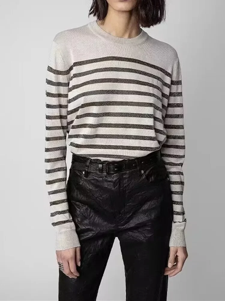 

Stripes Sweater for Women 2023 New Fall Winter Wool Blends Round-neck Loose Casual Long Sleeve Jumper