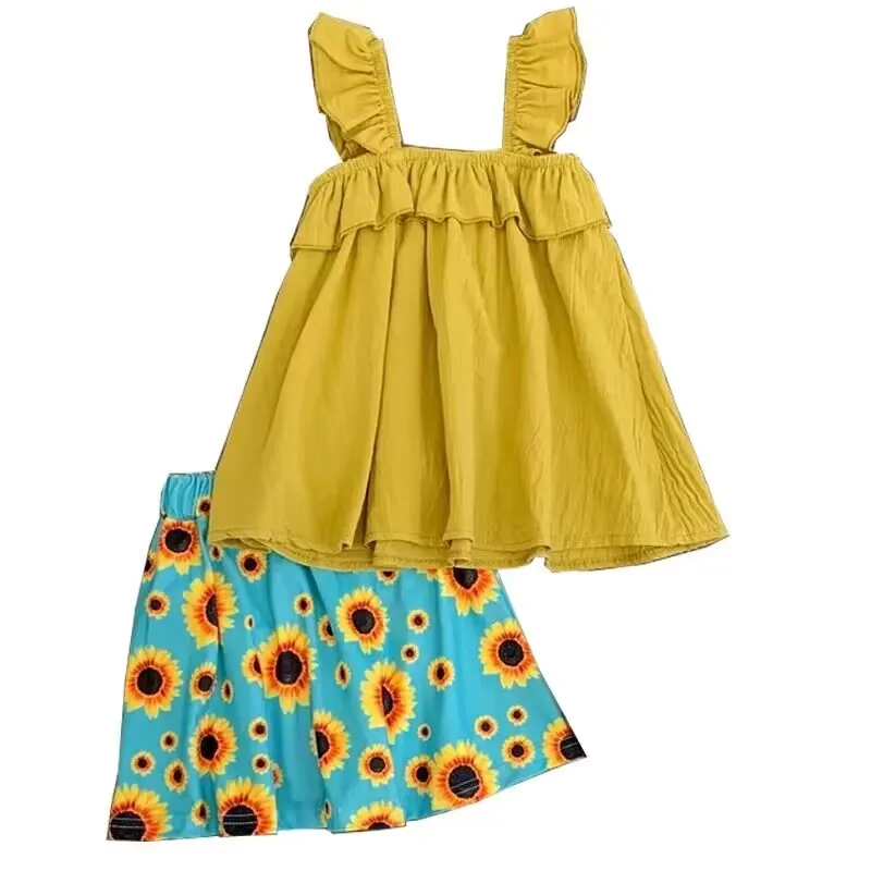 High Quality Girl Casual Outfit Short Sleeve Top And Short Sunflower Print Dress Kids Two Pieces Set
High Quality Girl Casual Outfit Short Sleeve Top And Short Sunflower Print Dress Kids Two Pieces Set