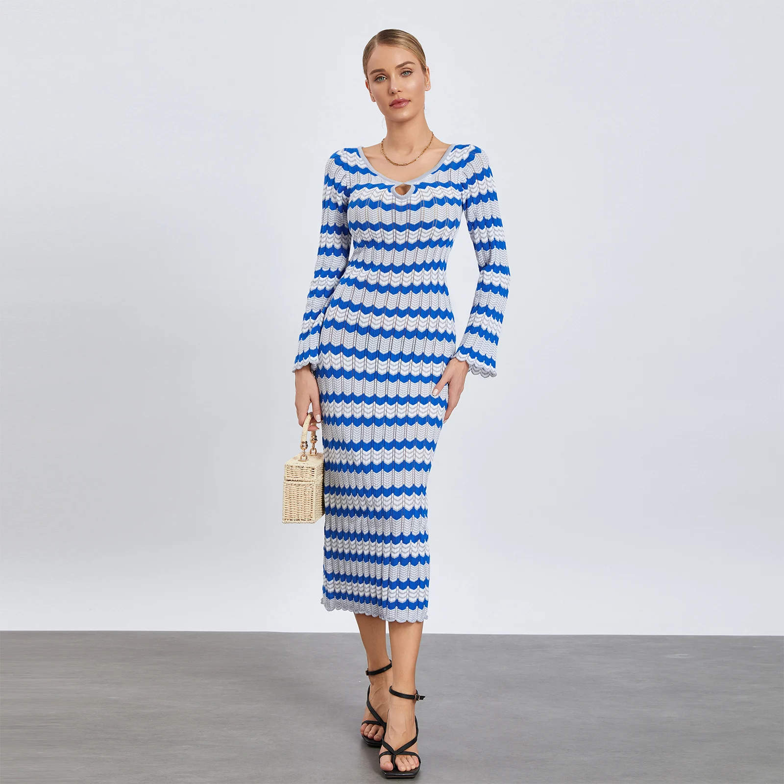 Women Spring Fall Skinny Knit Long Dress Casual Long Sleeve V Neck Wavy Striped Print Street Bodycon Dress 
Women Spring Fall Skinny Knit Long Dress Casual Long Sleeve V Neck Wavy Striped Print Street Bodycon Dress