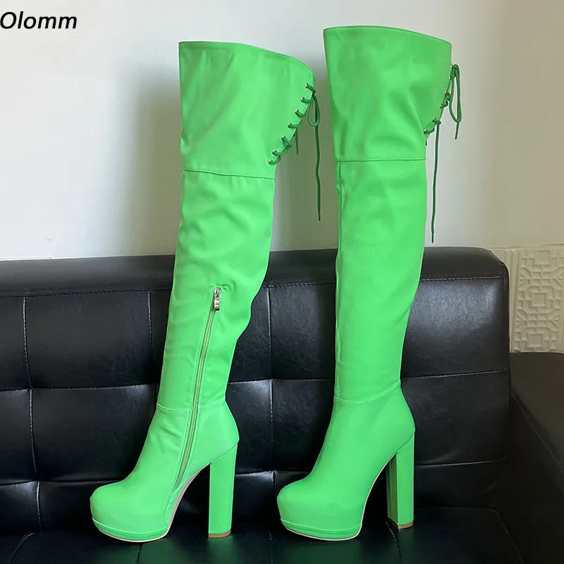 

Olomm New Women Winter Over The Knee Boots Lycra Chunky Heels Round Toe Beautiful Green Party Shoes Plus US Size 5-20