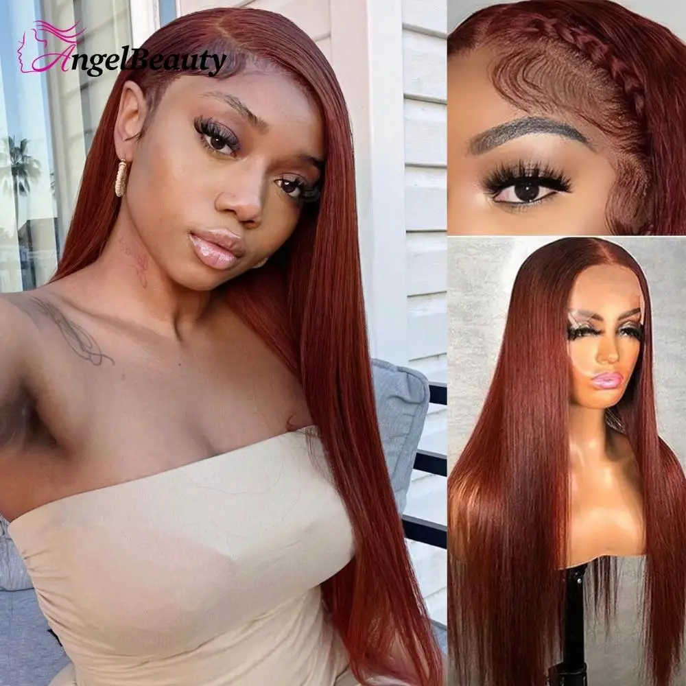 

Small/Large Cap Reddish Brown Straight Lace Front Human Hair Wigs Brazilian Auburn Frontal Wig For Women Copper Red Colored Wig