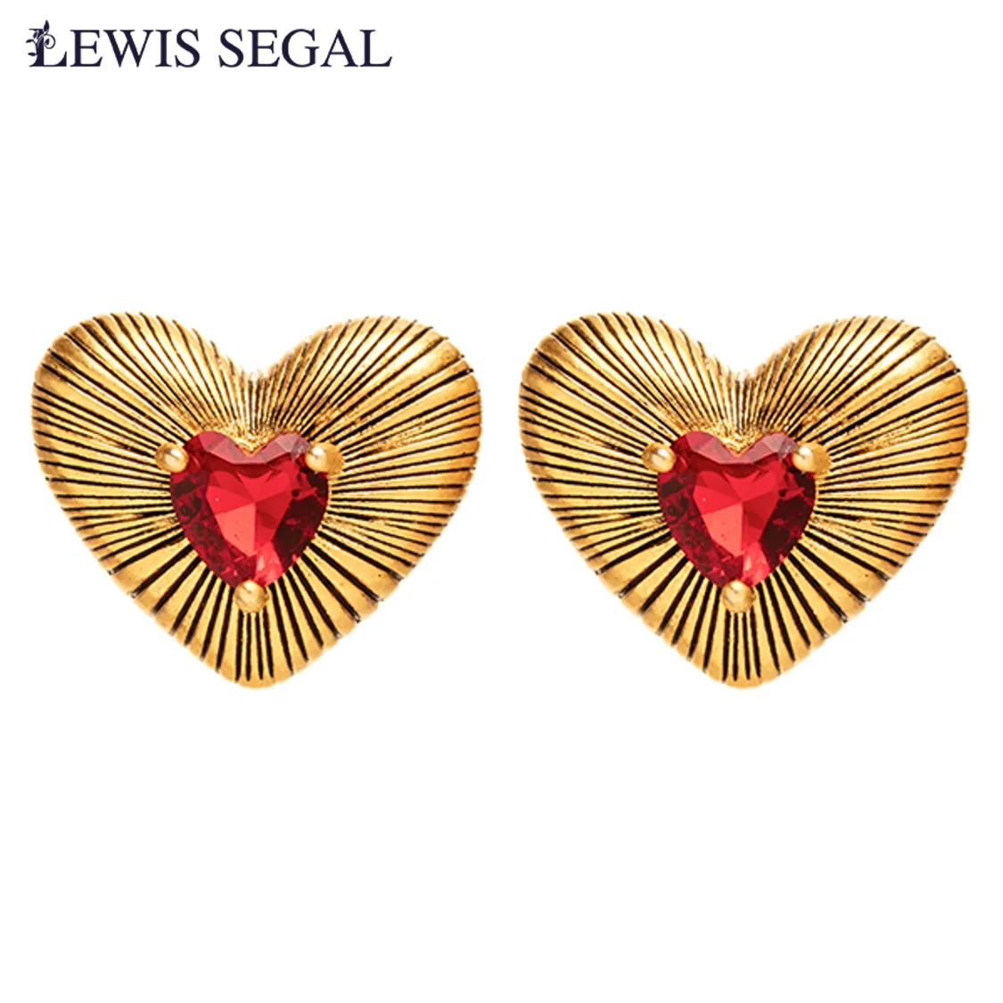 

LEWIS SEGAL Textured Heart Ruby Stud Earrings for Women Antique Medieval Style Jewelry Women Independent Girl 18K Gold Plated