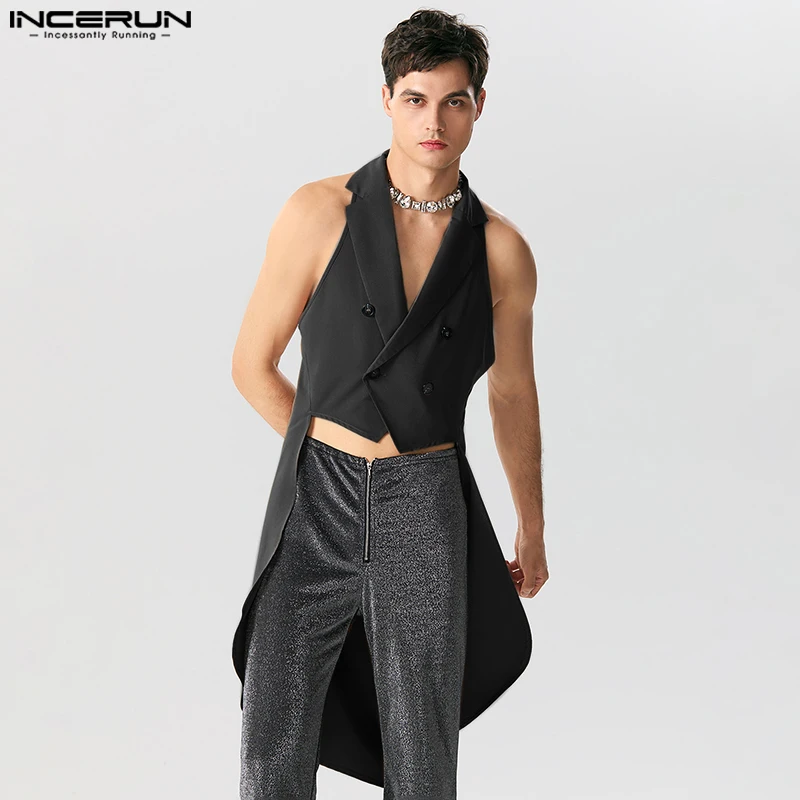 

INCERUN Tops 2023 American Style New Men's Irregular Hem Design Vests Casual Street Long-style Solid Sleeveless Suit Vests S-5XL