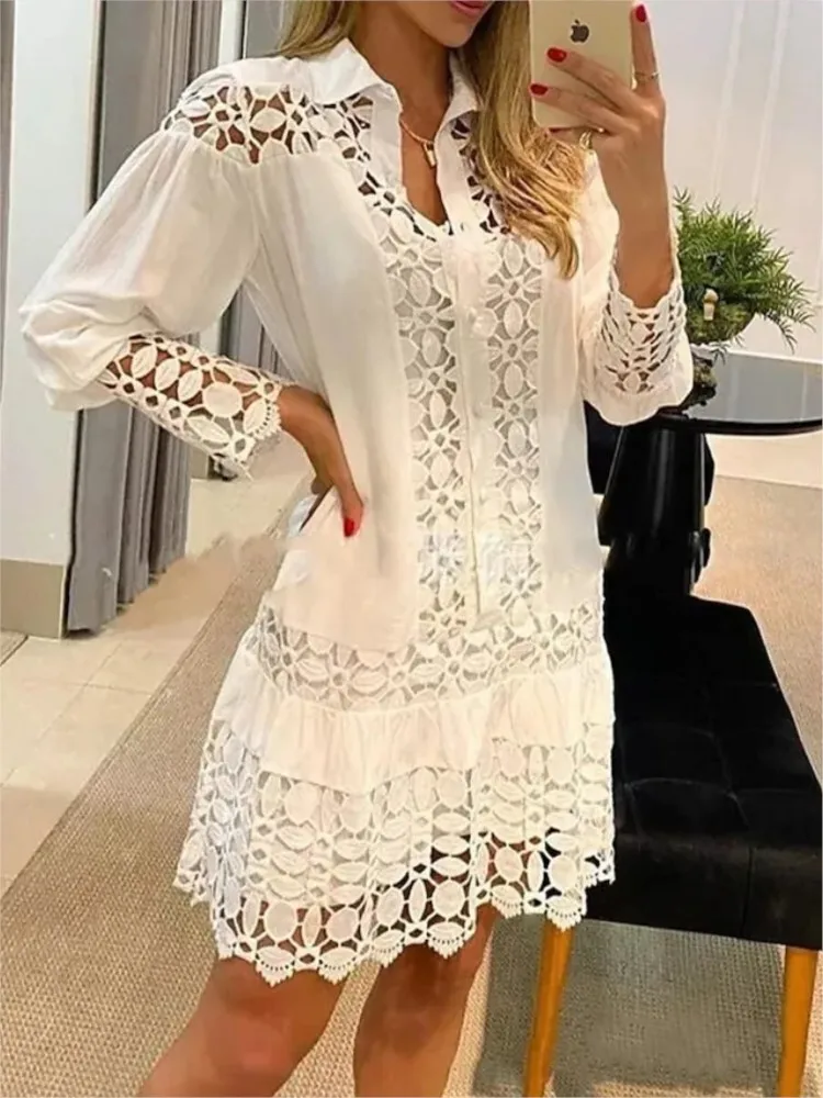 

Women's Dresses Fashion Cutout Shirt Elegant Female Sexy Dress Spring Summer New Solid Color Lace Splicing Long Sleeve For