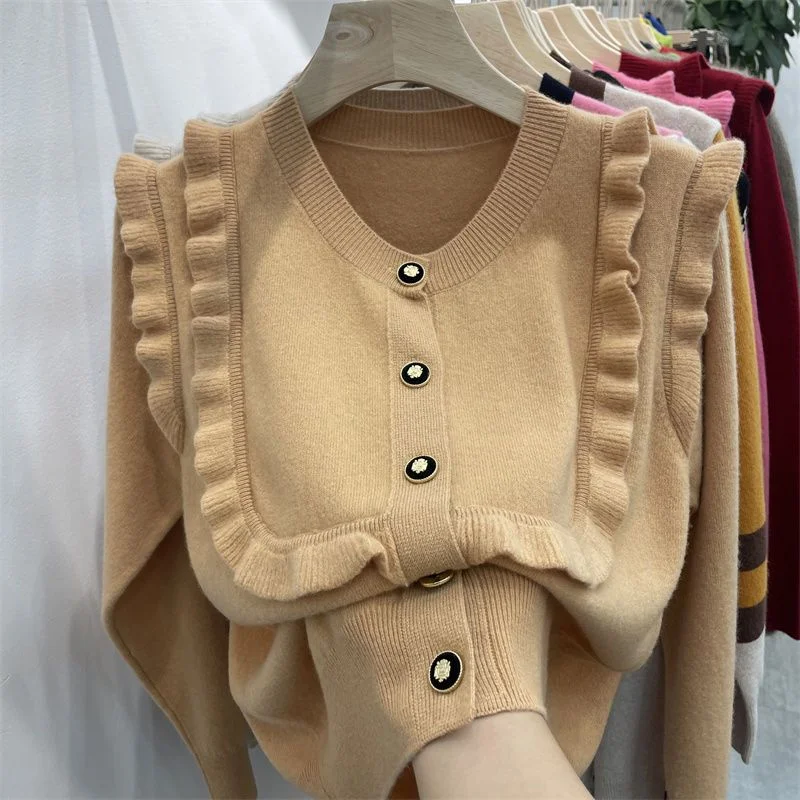 Cardigan Sweater Female Spring and Autumn Korean Ruffle Solid Long Sleeve Knitted Cardigan Korean Versatile Sweater Coat Women
Cardigan Sweater Female Spring and Autumn Korean Ruffle Solid Long Sleeve Knitted Cardigan Korean Versatile Sweater Coat Women