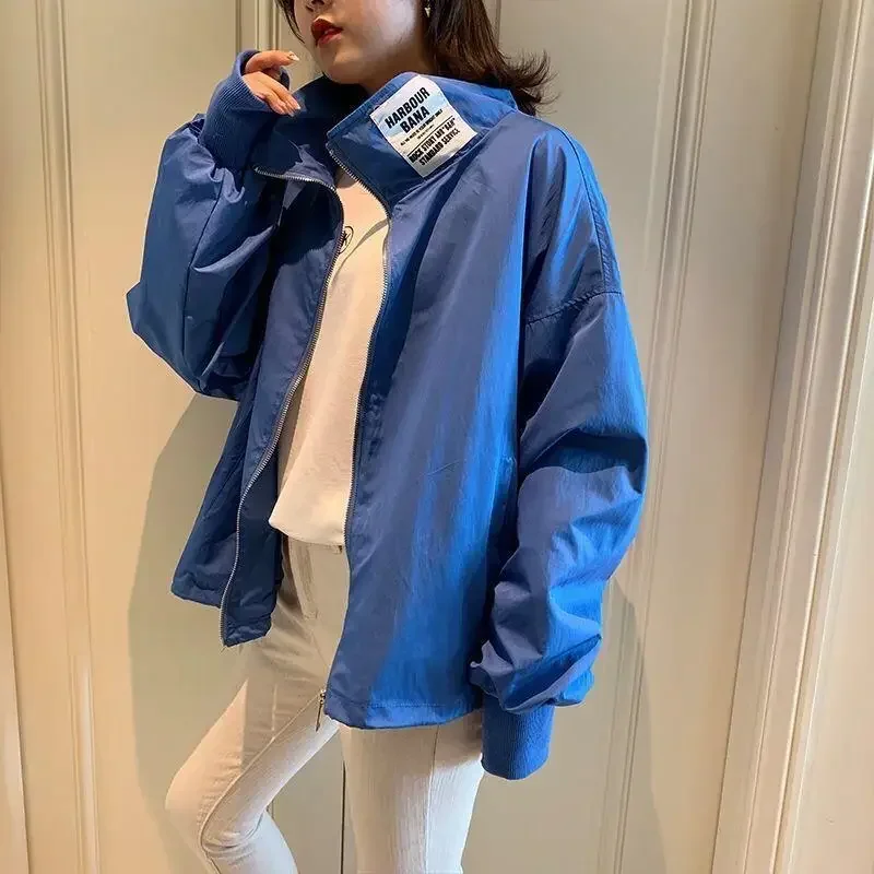 

Women Basic Jackets Thin Sun-protect Womens Outwear Stand Collar Cool Street-wear Oversize Ulzzang Colorful Casual Chic Sweet