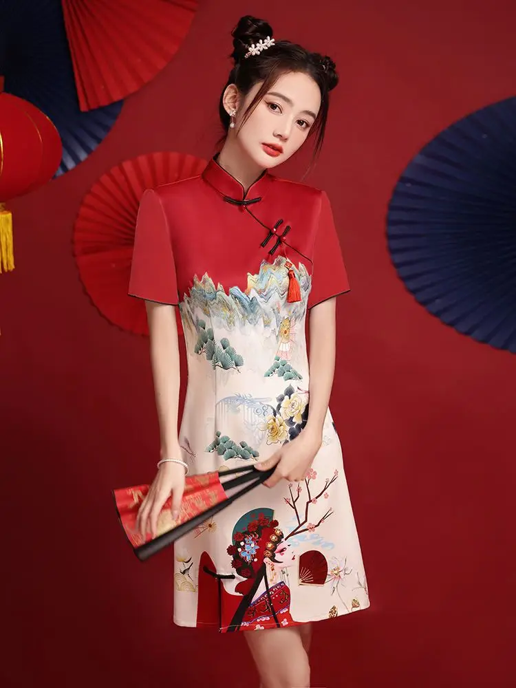 

China National Style Qipao Fashion Red Spring Summer Short Print Vintage Slim Modern Women 2023 Women Cheongsam Chinese Dress