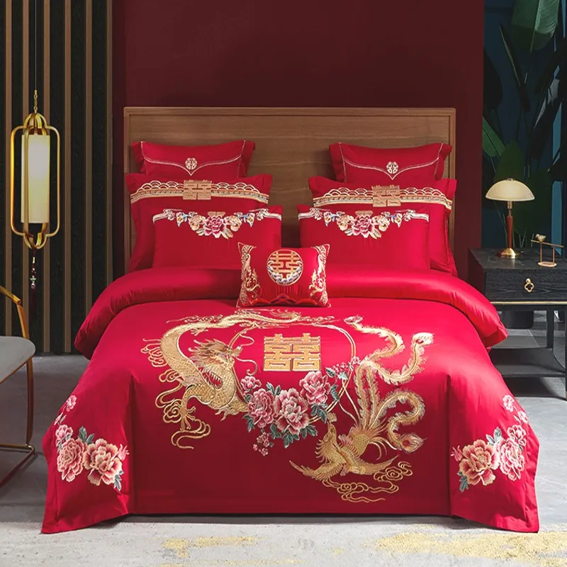 

Red 100% Cotton Bedding Set Luxury Dragon Phoenix Flowers Embroidery Chinese Wedding Quilt/Duvet Cover Bed Sheet Pillowcases