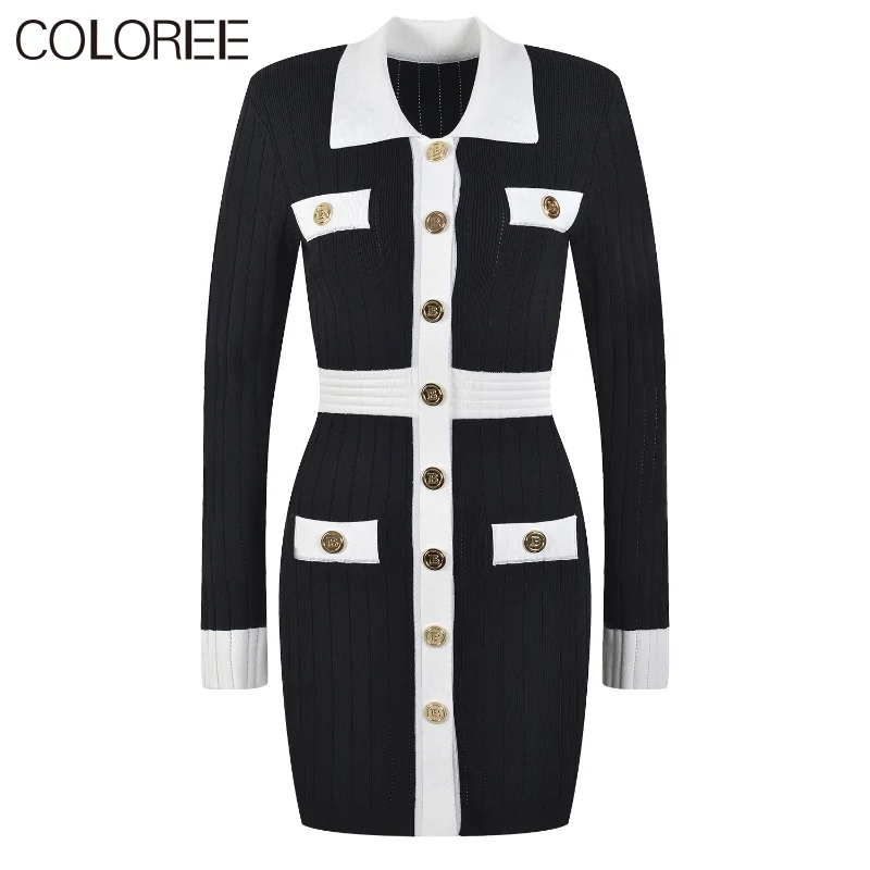 Ladies Elegant Gold Buttons Sweater Dress Women Vintage White Black Patchwork Long Sleeve Mini Dress Winter Knitted Clothes
Ladies Elegant Gold Buttons Sweater Dress Women Vintage White Black Patchwork Long Sleeve Mini Dress Winter Knitted Clothes