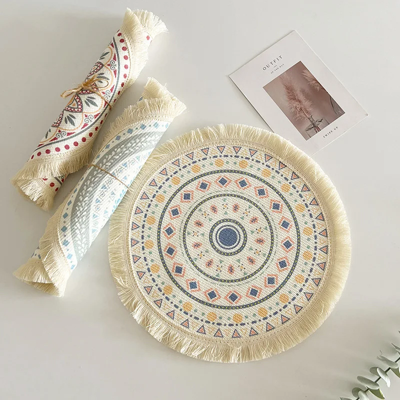 Bohemian Placemats Scandinavian Fabric Woven Round Mats Home Kitchen Insulated Anti-scald Mats Tassel Table Coasters
Bohemian Placemats Scandinavian Fabric Woven Round Mats Home Kitchen Insulated Anti-scald Mats Tassel Table Coasters