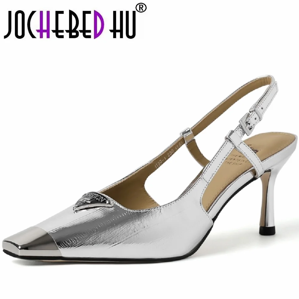 

【JOCHEBED HU】Brand Genuine Leather Shoes Women metallic iron Square Toe Runway Shoes Sexy High Heels Pumps 33-40