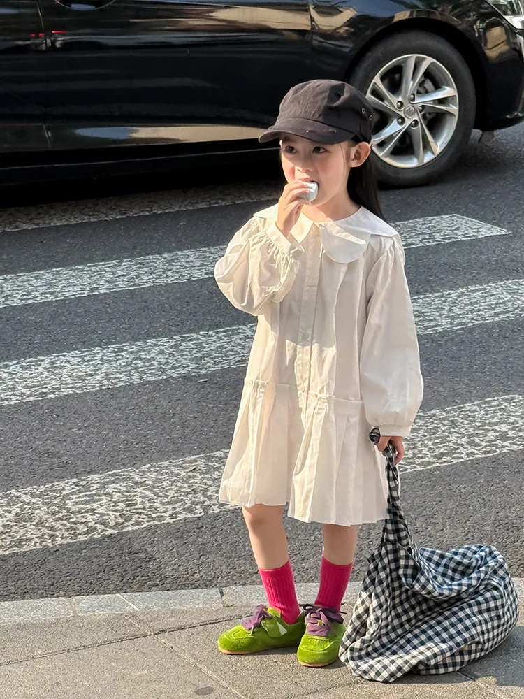 2025 Autumn New Girls Preppy Style Pleated Dress Solid Children Long Sleeve Dress Baby Girl Large Lapel Loose Dress Kids Clothes 13 Sdcf61a3dace4495da0d9acd58cf44529y