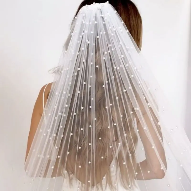 

TOPQUEEN V05 Pearls Bridal Veil Soft 1 Tier Beaded Wedding Veil for Bride Cathedral Length with Comb Wedding Accessories