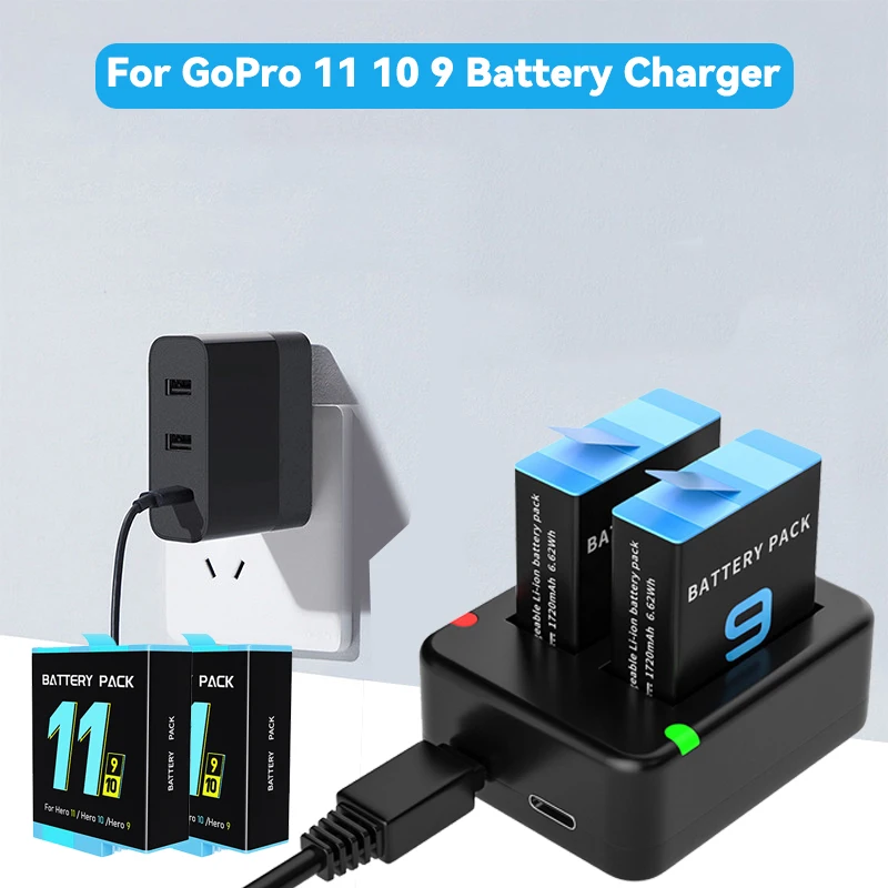 

Dual Port Slot Double Battery Charger For Gopro Go Pro Hero 12 11 10 9 Black with USB Cable Action Camera For Gopro Accessory