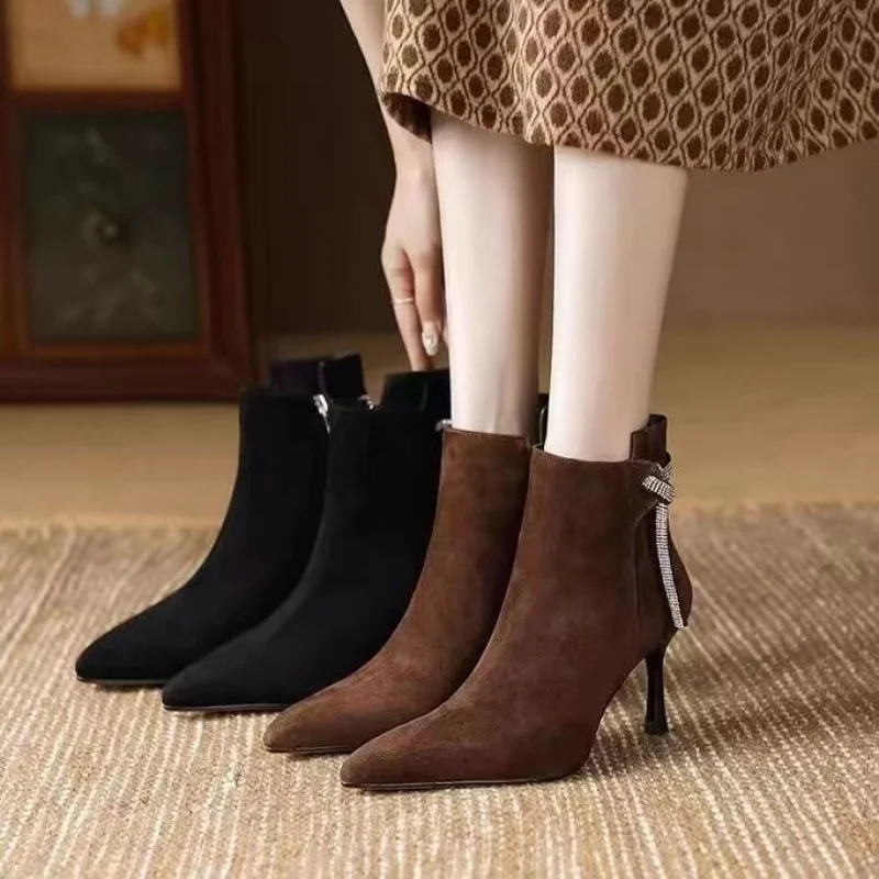 Women High Heel Boots Pointed Toe Rhinestone