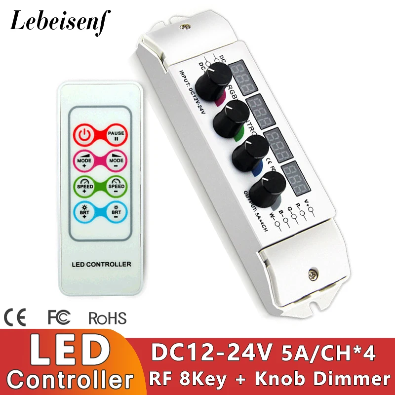 5A*4 Channel DC 12V 24V 20A LED Controller Digital Display Knob Dimmer with RF Remote for Constant Voltage PWM RGBW Color Strip
5A*4 Channel DC 12V 24V 20A LED Controller Digital Display Knob Dimmer with RF Remote for Constant Voltage PWM RGBW Color Strip