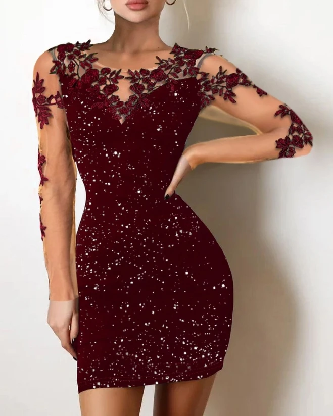 

Women's Dress Glitter Sheer Mesh Contrast Sequin Embroidered Sexy Party Mini Dresses for Women 2023 Casual Slim Fit Bodycon